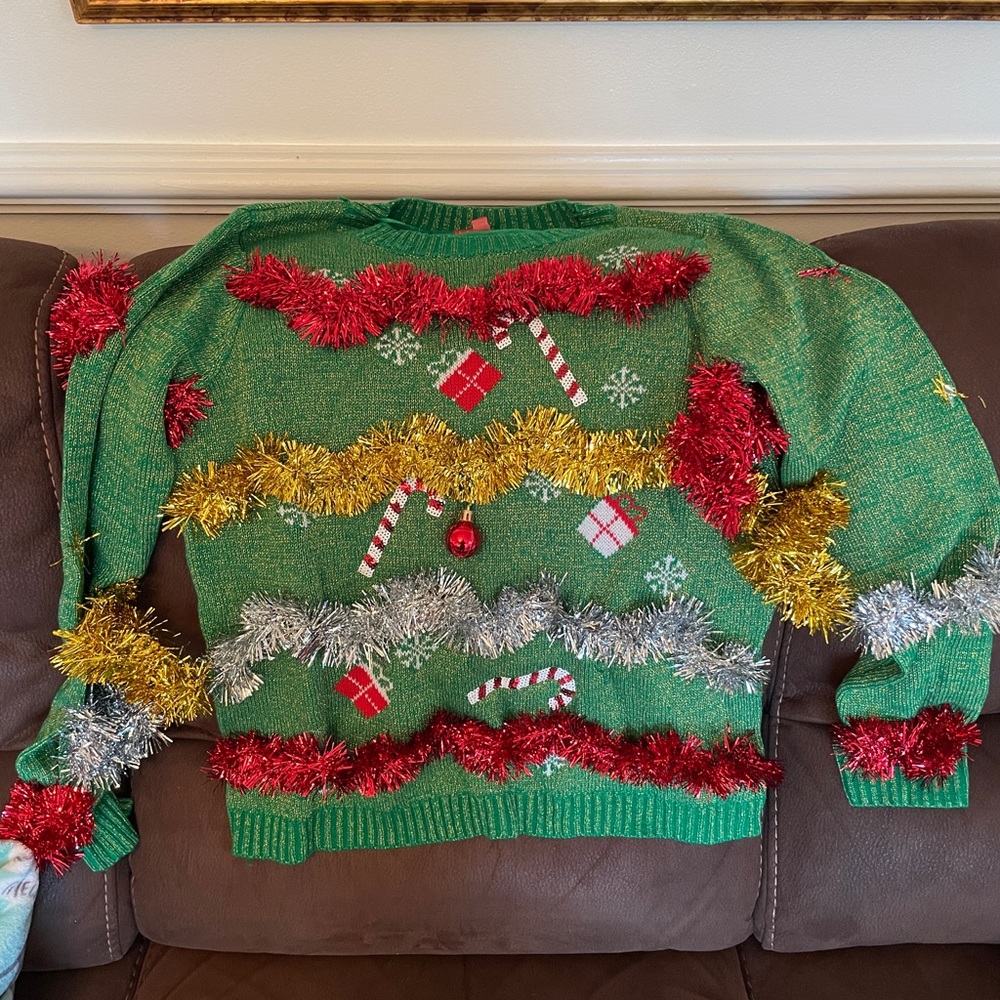 Festive Green Holiday Sweater with Tinsel Accents